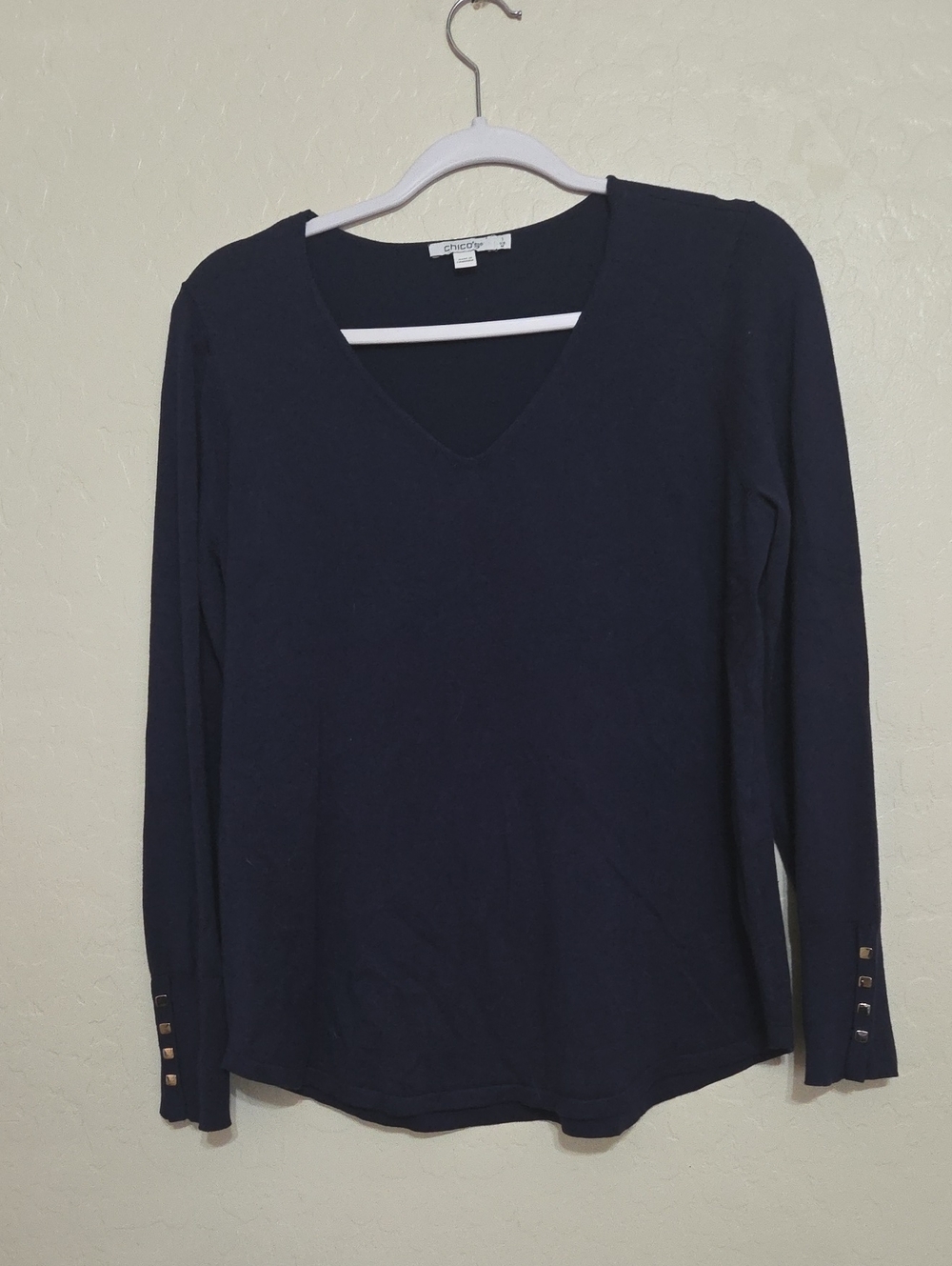 Chico's Dark Navy V-Neck Long Sleeve Top with Cuff Buttons